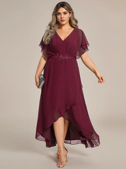 Roselledress Emerald A-Line V-Neck Flutter Sleeve Zip Back High Low Midi Plus Size Weeding Guest Dress