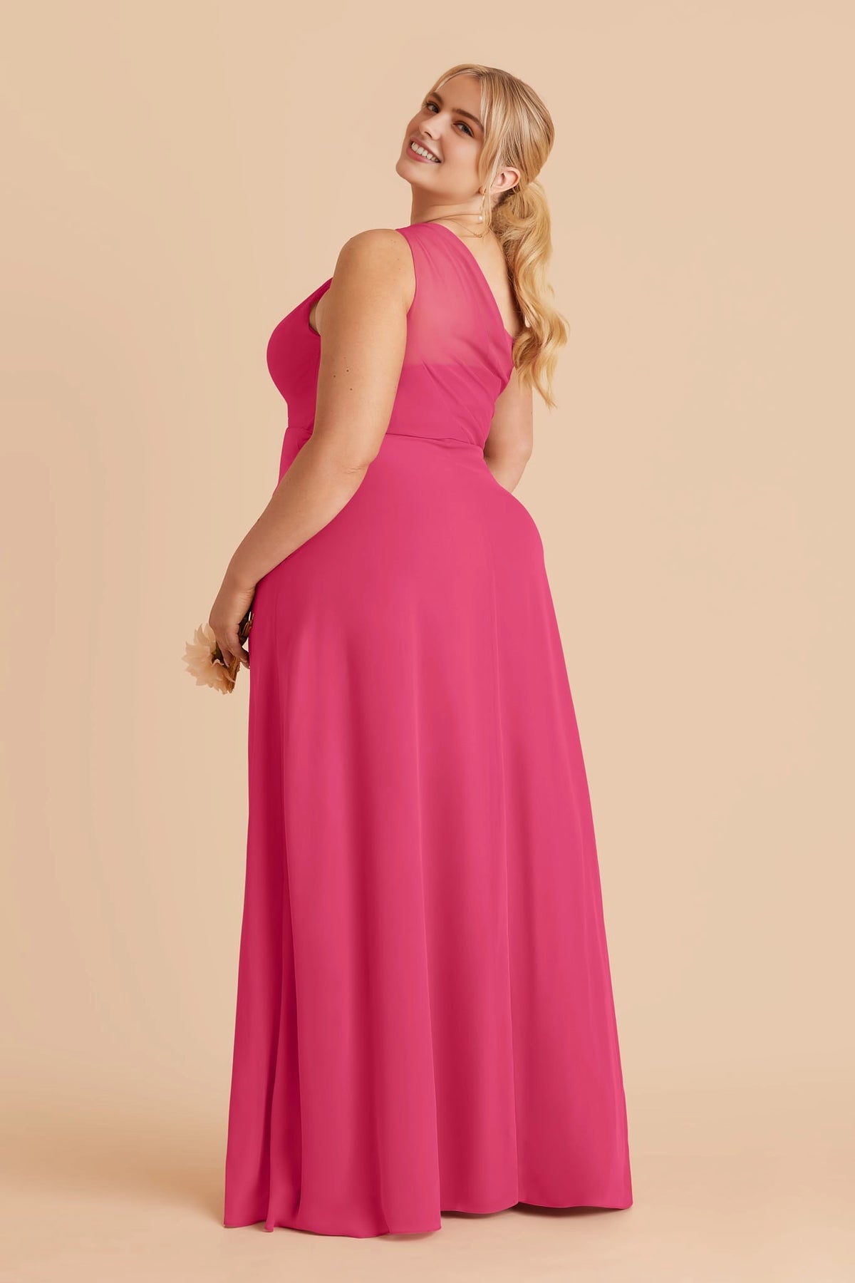 Flowy Chiffon A‑Line One‑Shoulder Sleeveless Mesh Back Slit Maxi Plus Size Bridesmaid Dress