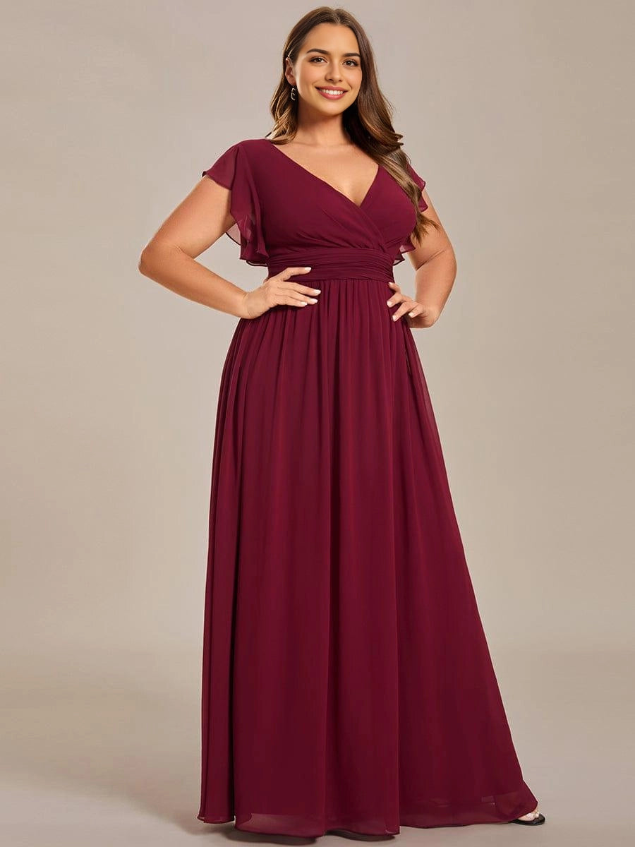 Roselledress Soft Nude Plus Size A Line V Neck Flutter Sleeves Heart Cutout Back Maxi Weeding Guest Dress