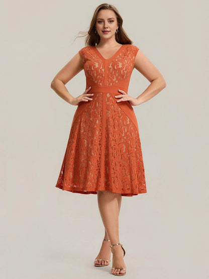 Chic A-Line V-Neck Cap Sleeve Zipper Back Knee-Length Plus Size Mother Of The Bride Dress