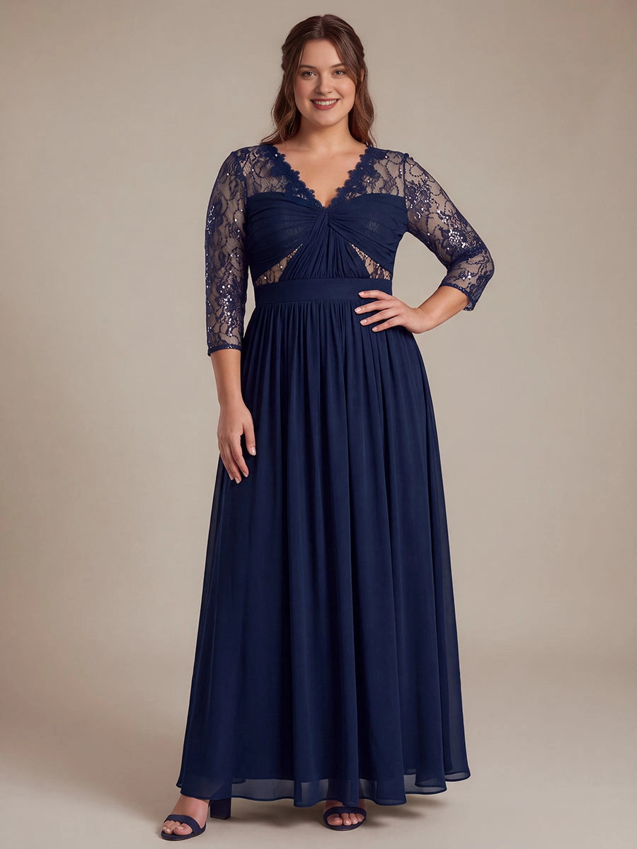 Plus Size Sequin Lace V-Neck 3/4 Sleeve Empire Long Mother of Bride Dress