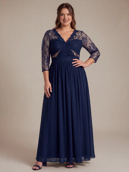 Plus Size Sequin Lace V-Neck 3/4 Sleeve Empire Long Mother of Bride Dress