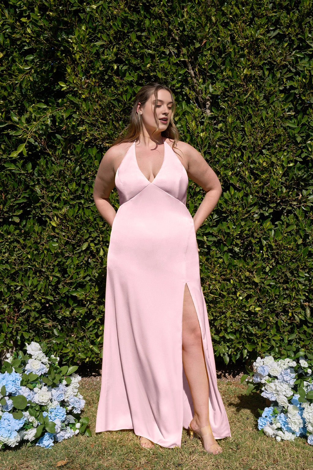 Elegant Sheath V-Neck Halter Tie Back Long Plus Size Bridesmaid Dress