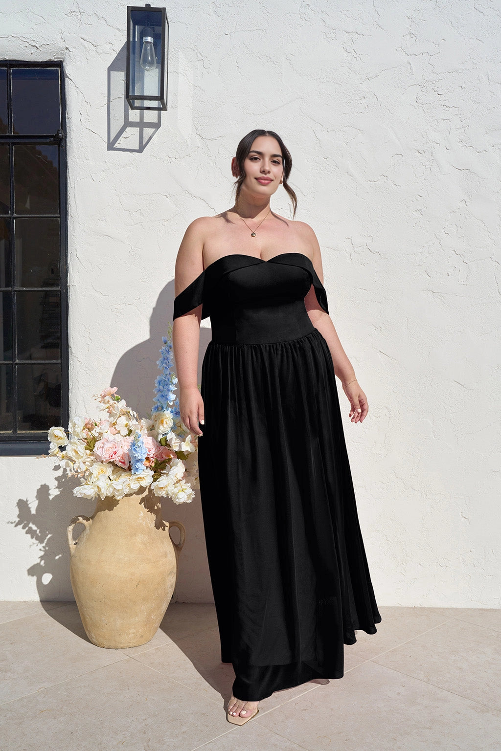 Romantic A-Line Sweetheart Off Shoulder Zipper Back Long Plus Size Bridesmaid Dress