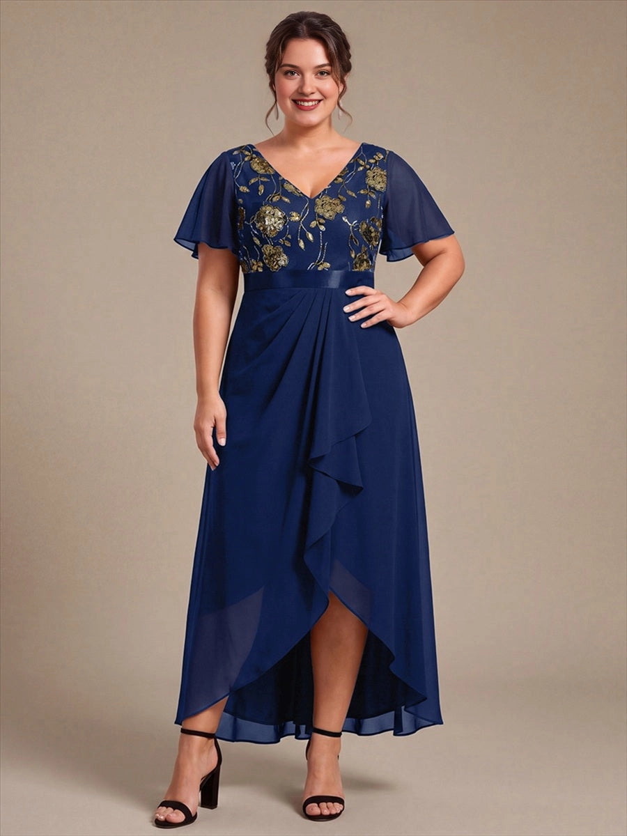 A-Line V-Neck Flutter Sleeve V-Back High-Low Mother of the Bride Dress