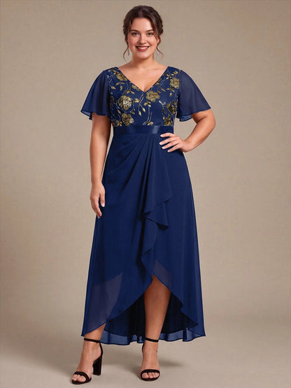 A-Line V-Neck Flutter Sleeve V-Back High-Low Mother of the Bride Dress