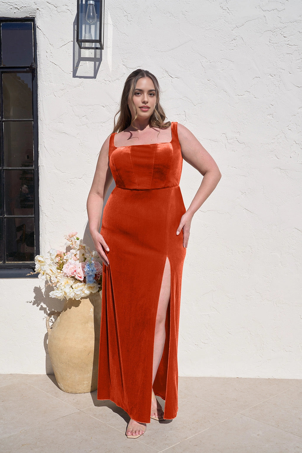 Elegant Sheath Square Neck Sleeveless Scoop Back Long Plus Size Wedding Guest Dress