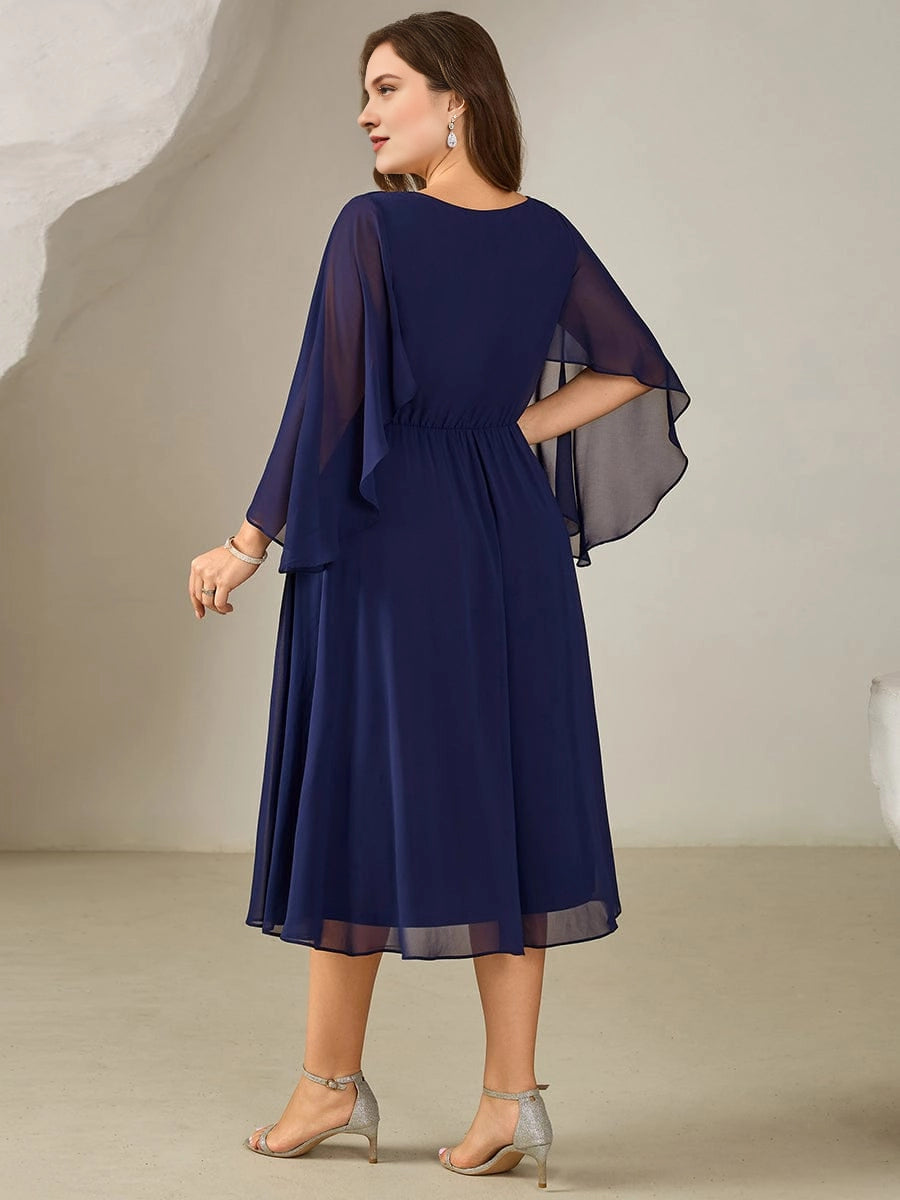 Navy blue plus size tea-length mother of the bride dress with sheer chiffon cape sleeves and modest closed back