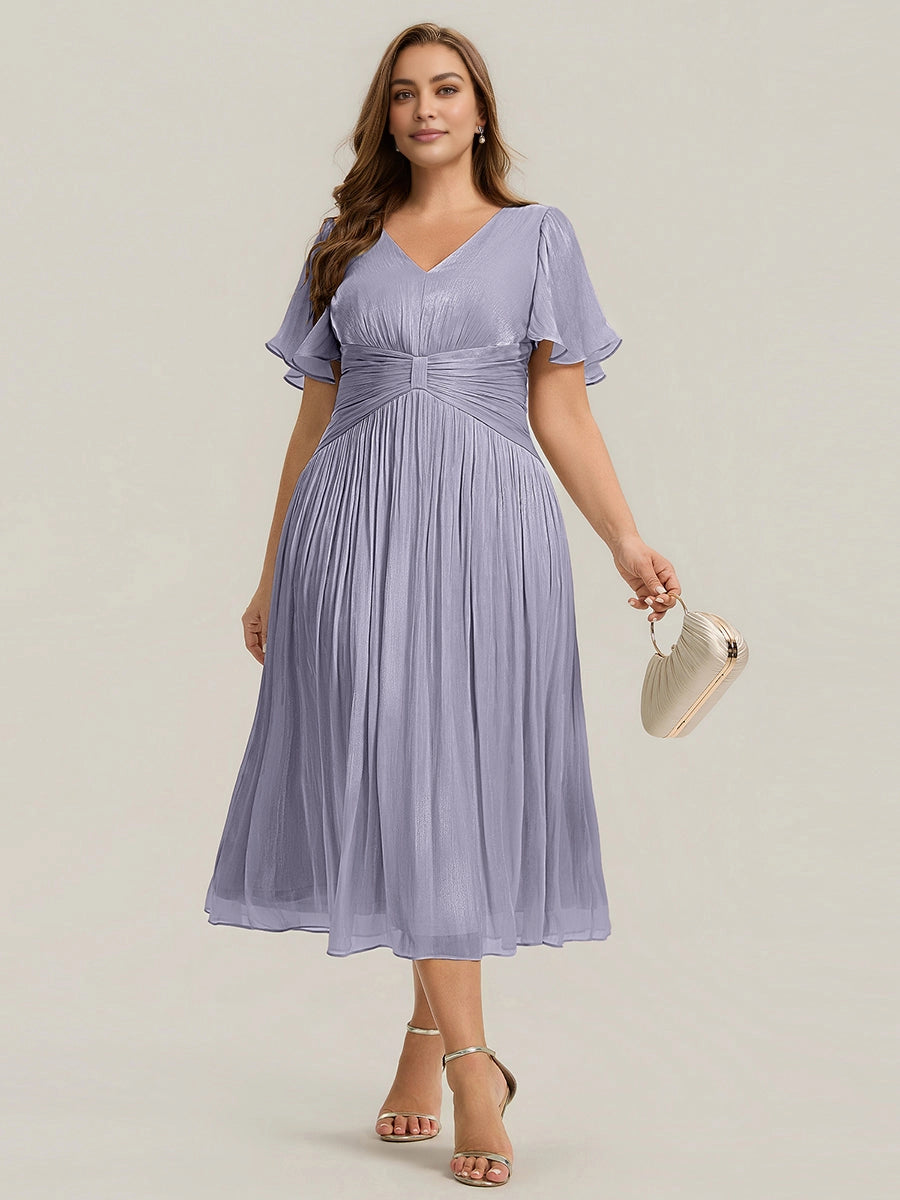 Sage Shimmer Chiffon Flutter Sleeve Midi Plus Size Wedding Guest Dress
