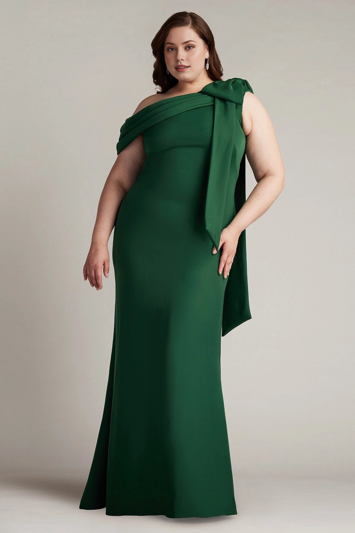 Plus Size Elegant Mermaid Asymmetric Neck Draped  Back Floor Length Wedding Guest Dress