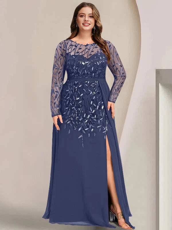 Roselledress Luxury Sheath Bateau Neck Long Sleeve Mesh Back Navy Sequin Chiffon Slit Plus Size Mother Of The Bride Dress