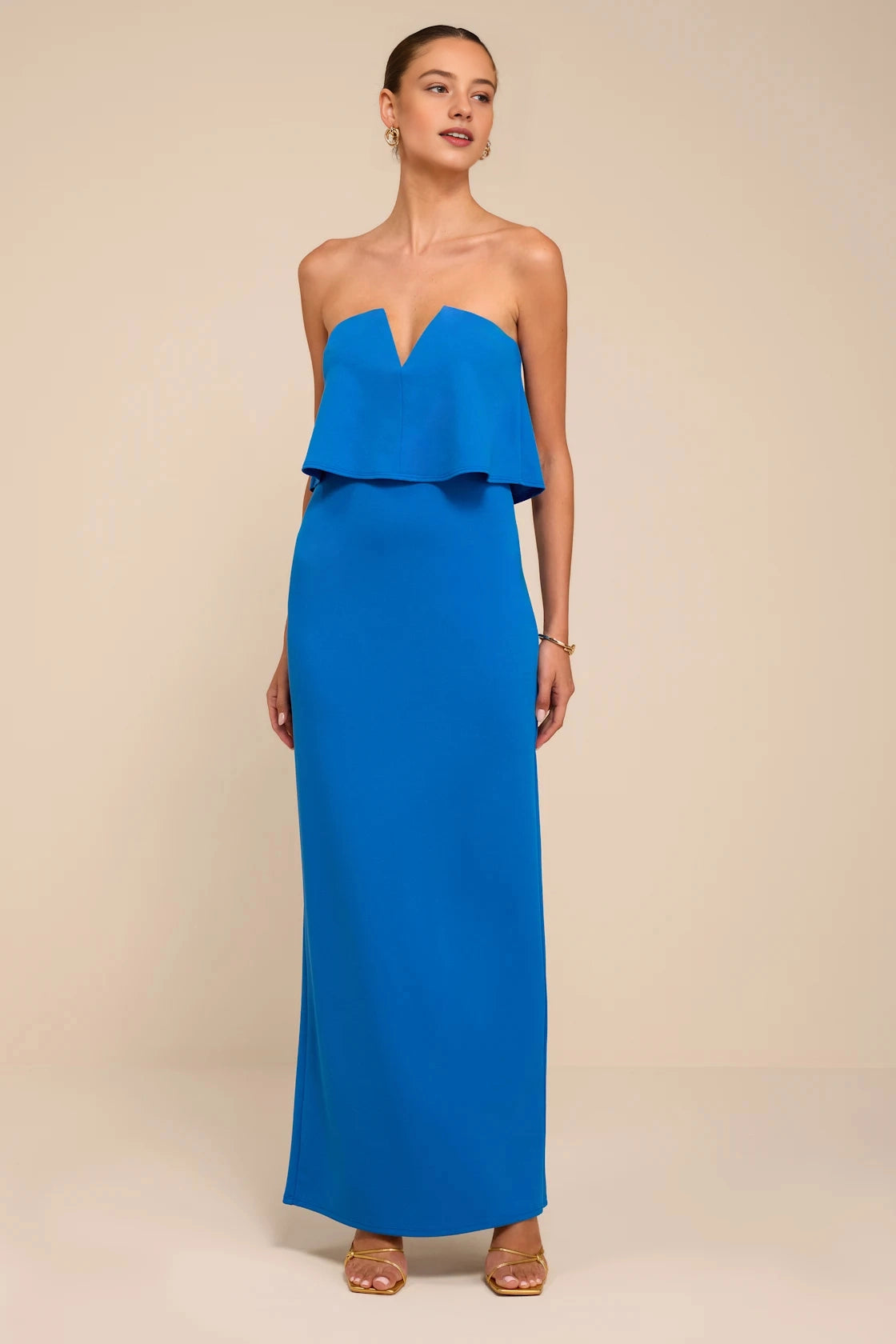 roselledress vibrant bright royal blue matte wrinkle resistant crepe strapless v notch ruffle overlay two piece straight floor length maxi prom cocktail gown neutral beige studio front full shot