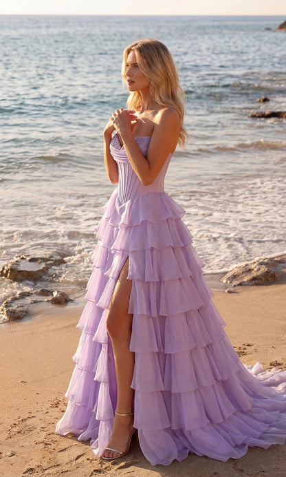 Flowy Tiered Strapless Corset Plain Back Train Prom Dress