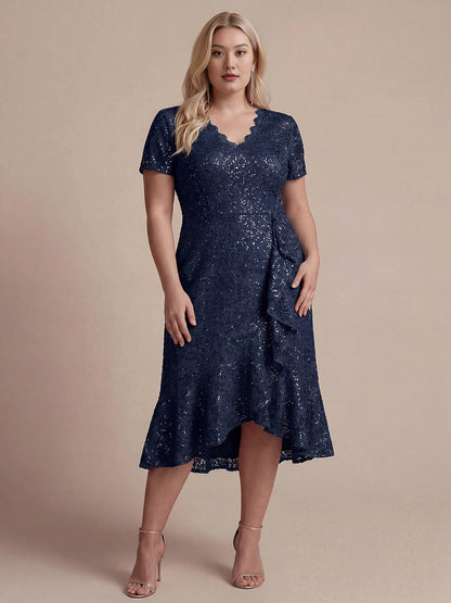 Flattering Wrap V-Neck Short Sleeve Zipper Back Hi-Lo Midi Plus Size Prom Dress 