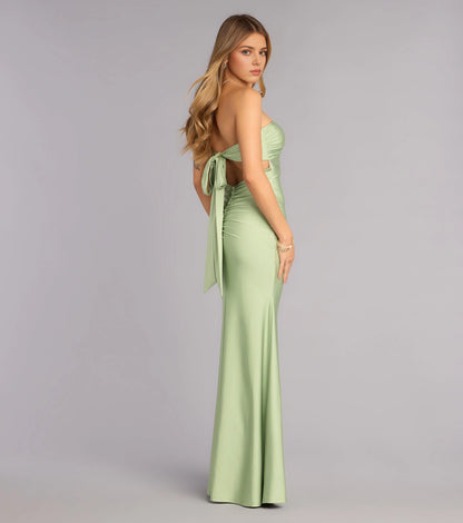 Burgundy Satin Mermaid Strapless Sweetheart Bow Tie Back Maxi Prom Dress