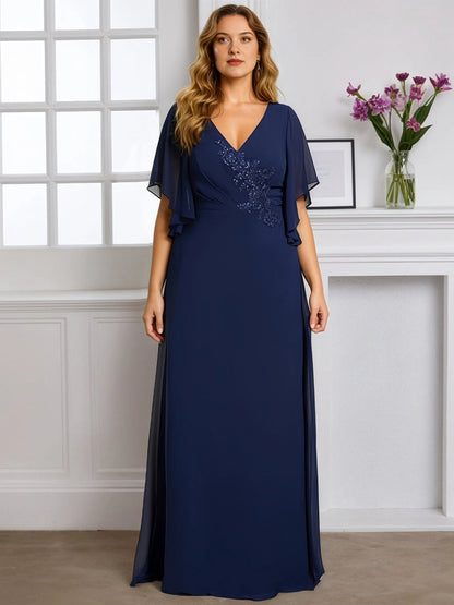 Graceful A‑Line V‑Neck Flutter‑Sleeve V‑Back Floor‑Length Plus Size Mother Of The Bride Dress