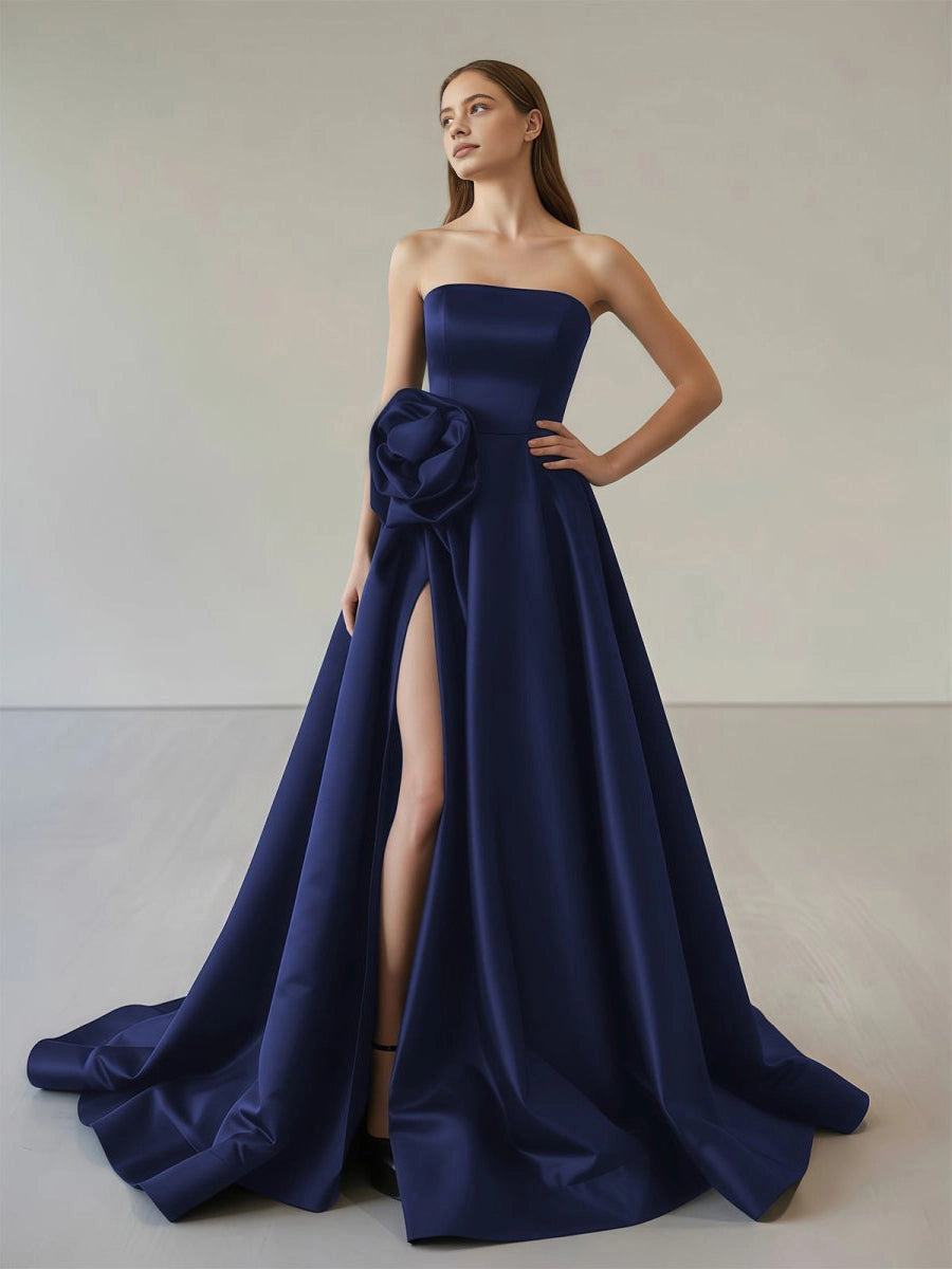 Roselledress Structured Satin Aline Strapless Floral Corset LaceUpBack Train Plus Size Prom Dress
