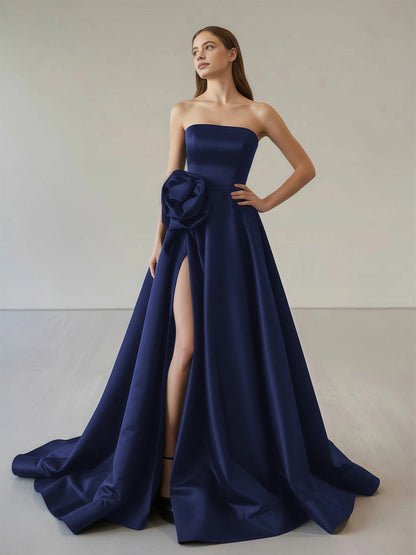 Roselledress Structured Satin Aline Strapless Floral Corset LaceUpBack Train Plus Size Prom Dress
