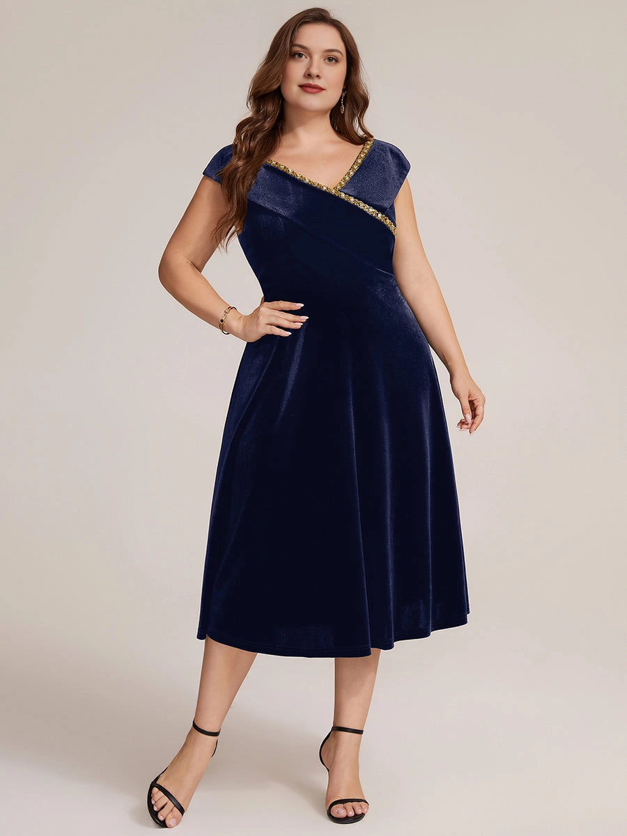 Plus Size Navy Velvet A-Line V-Neck Cap Sleeve Tea-Length Wedding Guest Dress