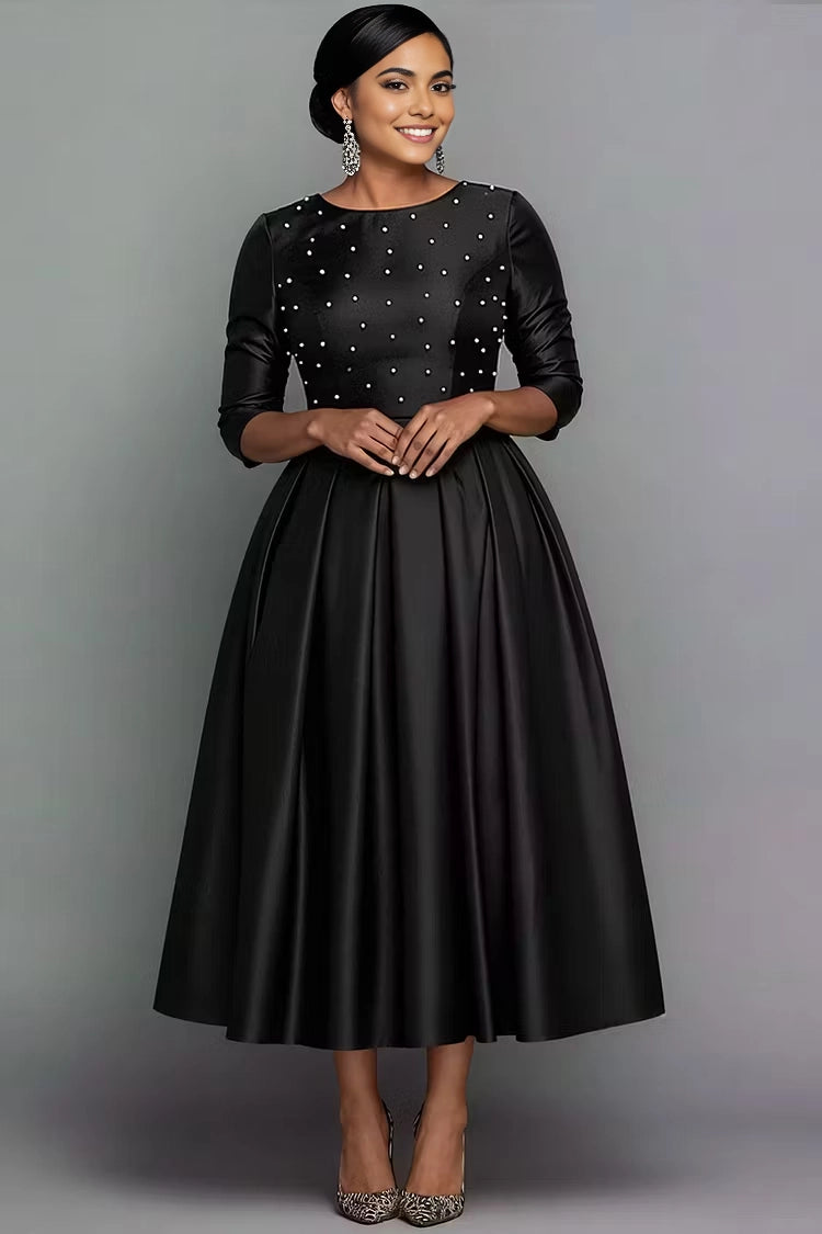 RoselleDress Elegant A-Line Round Neck Back Zipper Beaded Satin With Pockets Plus Size Prom Dress