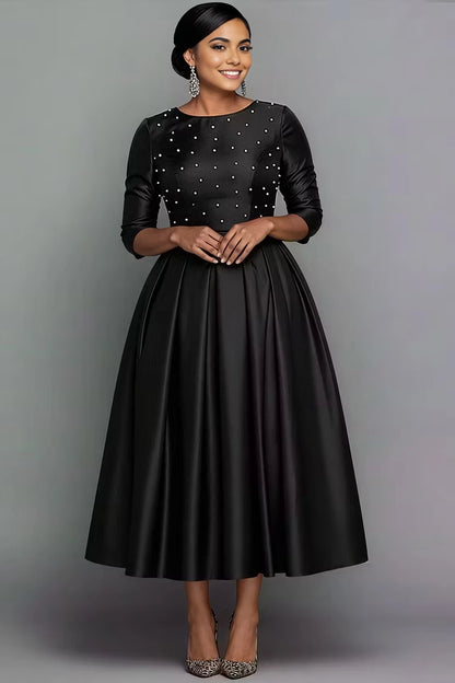 RoselleDress Elegant A-Line Round Neck Back Zipper Beaded Satin With Pockets Plus Size Prom Dress