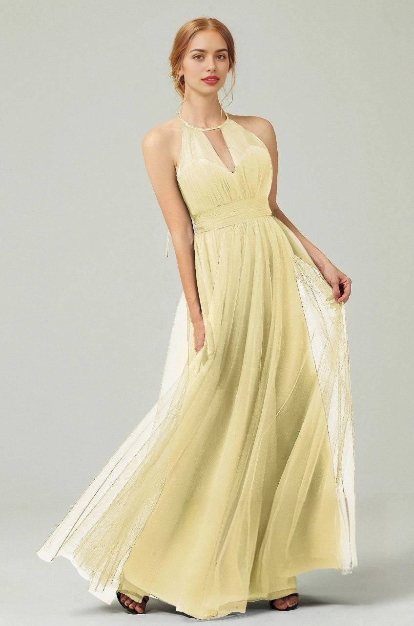 Plus Size Elegant Tulle A-Line Halter Sleeveless Open-Back Floor-Length Bridesmaid Dress