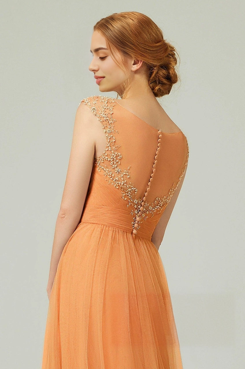 Plus Size Romantic A-Line Sweetheart Sleeveless Illusion Back Long Beaded Bridesmaid Dress