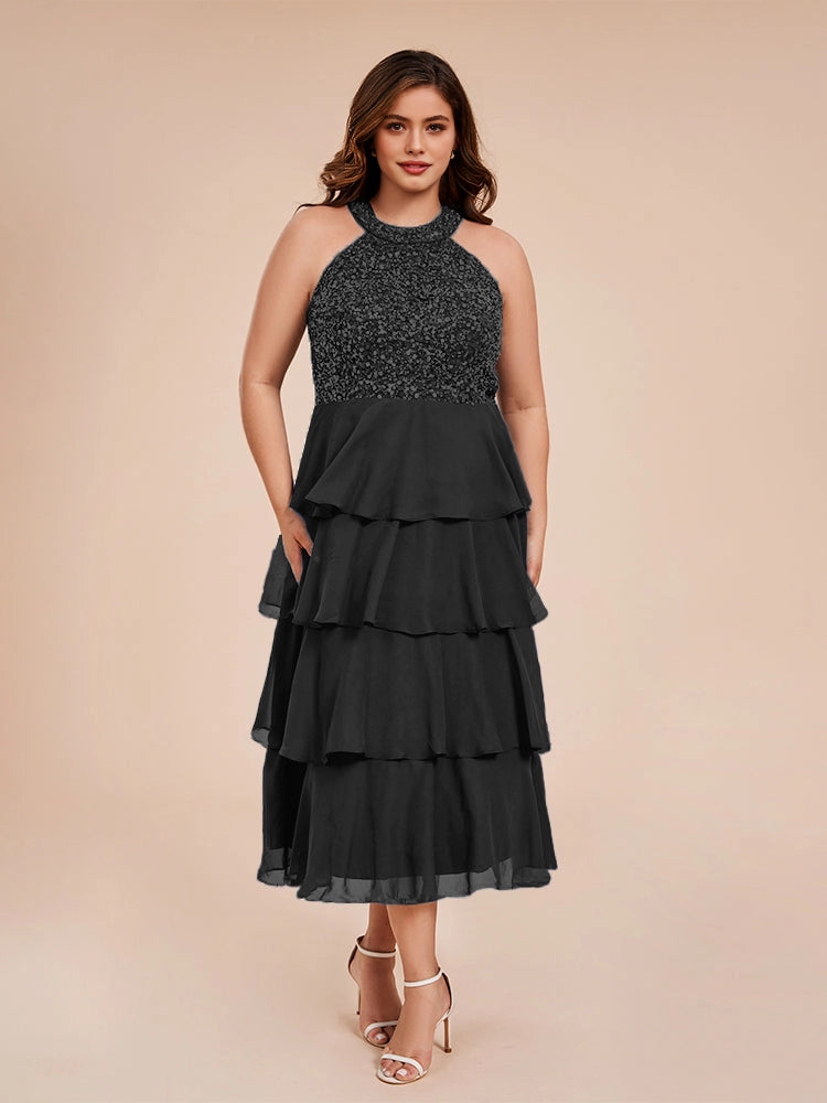 elegant a‑line halter sleeveless tie‑back midi plus size wedding guest dress