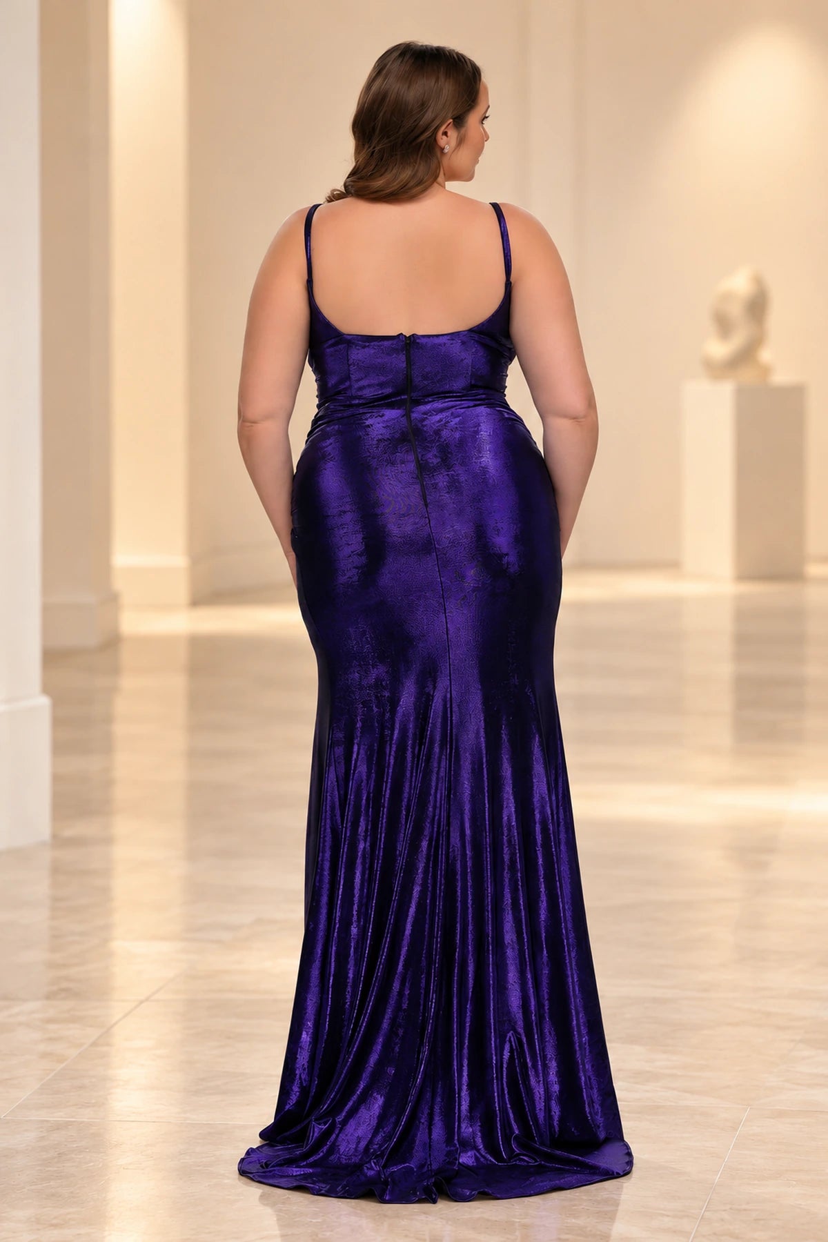 Plus Size Glamorous Metallic Knit Sheath V-Neck Sleeveless Square-Back Floor-Length Prom Dress