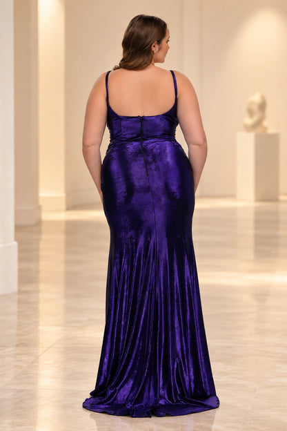 Plus Size Glamorous Metallic Knit Sheath V-Neck Sleeveless Square-Back Floor-Length Prom Dress