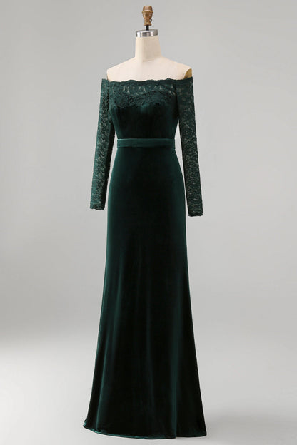 Elegant Mermaid Off-Shoulder Long-Sleeve Floor-Length Plus Size Wedding Guest Dress