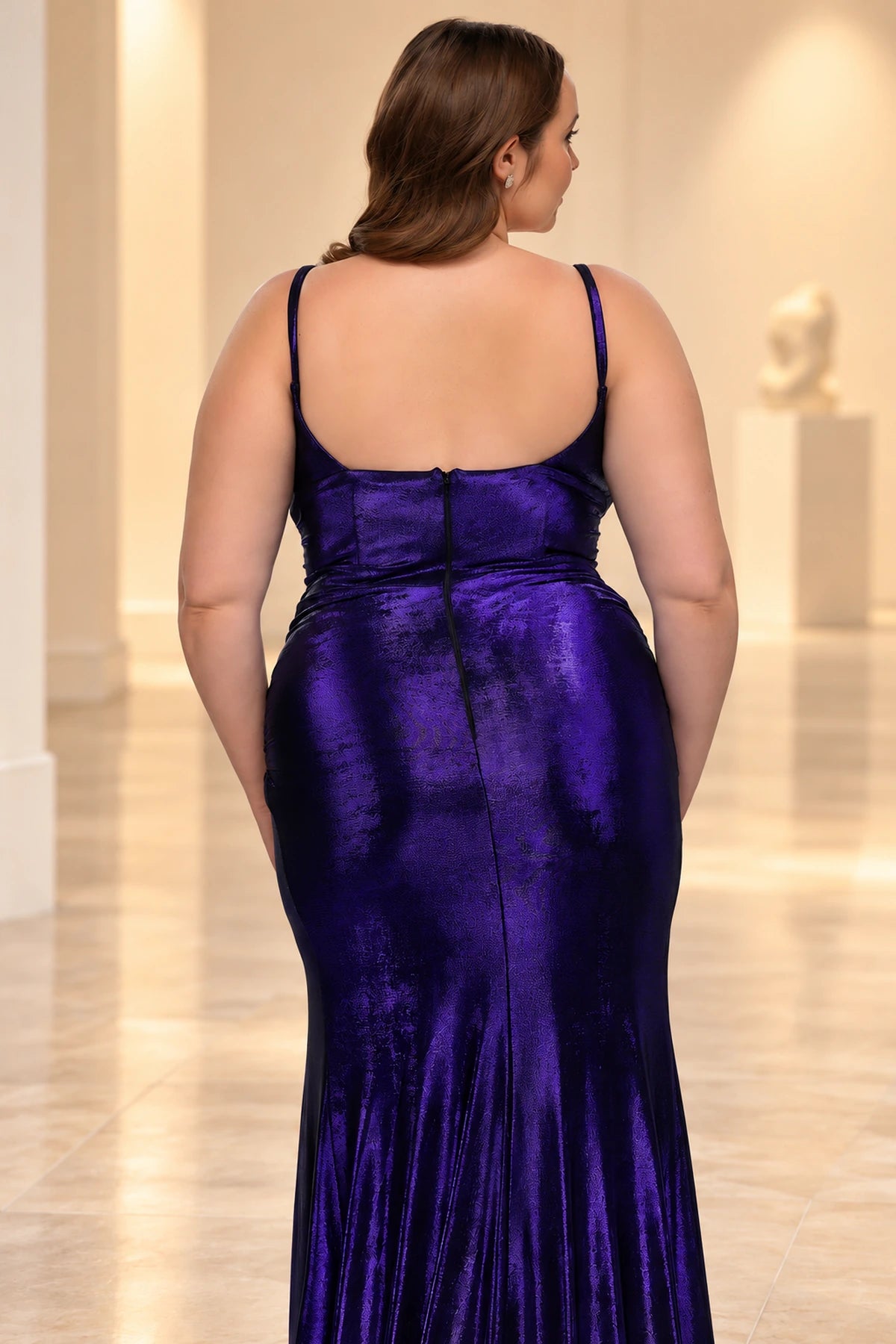 Plus Size Glamorous Metallic Knit Sheath V-Neck Sleeveless Square-Back Floor-Length Prom Dress