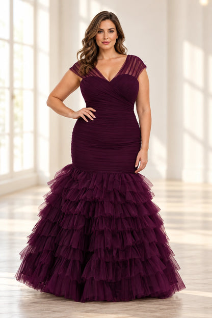 Plus Size Elegant Tulle Mermaid V-Neck Cap-Sleeve Lace-Up Floor-Length Evening Dress