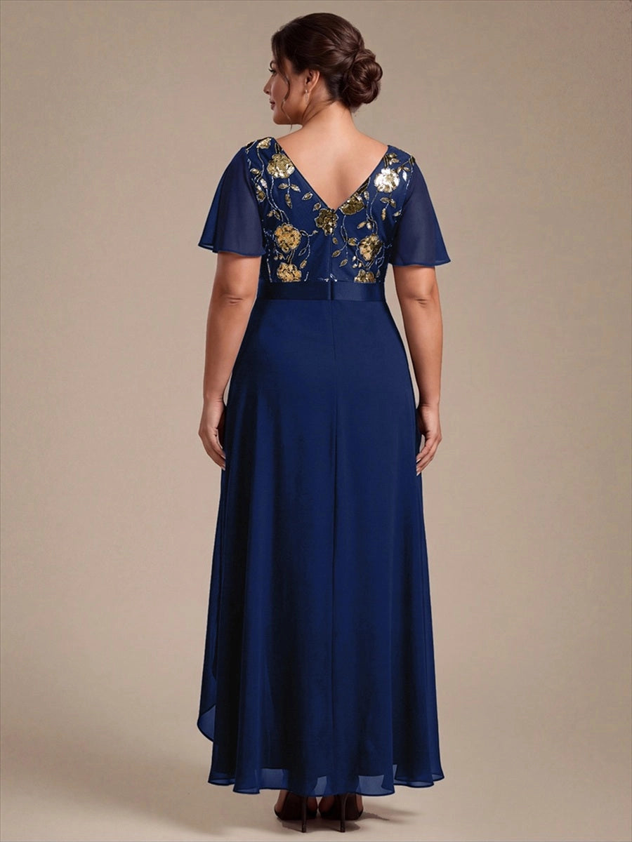 A-Line V-Neck Flutter Sleeve V-Back High-Low Mother of the Bride Dress
