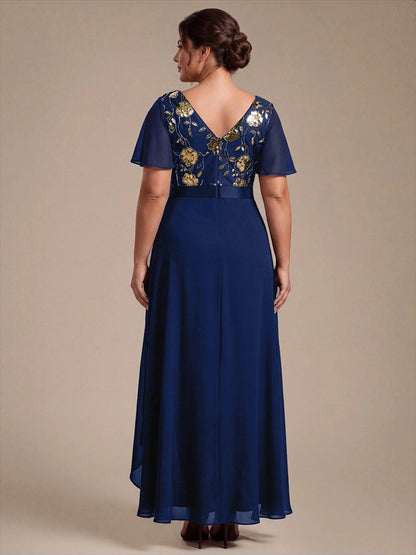 A-Line V-Neck Flutter Sleeve V-Back High-Low Mother of the Bride Dress