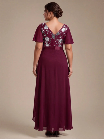 Back view of burgundy V-back embroidered flutter sleeve mother of the bride dress by roselledress