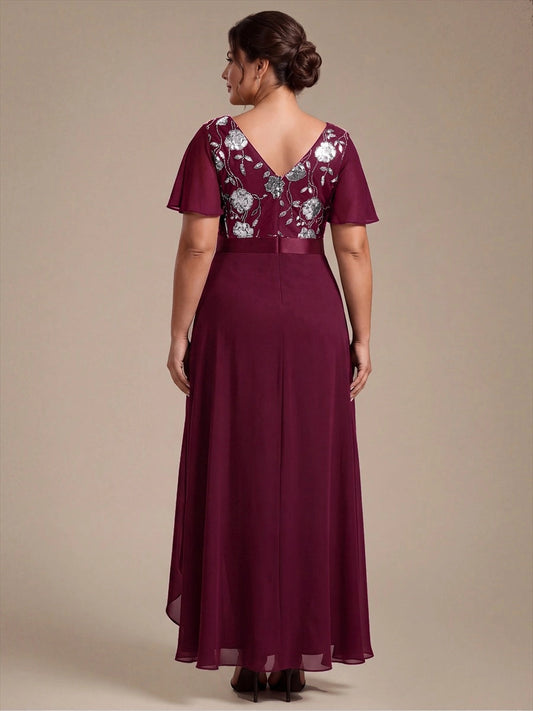 Back view of burgundy V-back embroidered flutter sleeve mother of the bride dress by roselledress