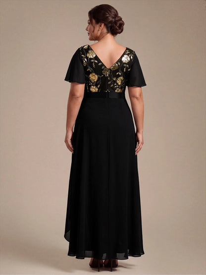 A-Line V-Neck Flutter Sleeve V-Back High-Low Mother of the Bride Dress