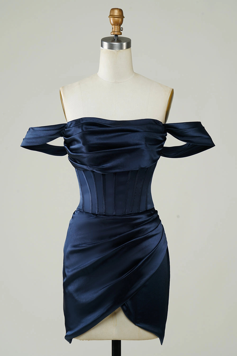 Navy Bodycon Off Shoulder Short Sleeve Plain Back Wrap Mini Homecoming Dress