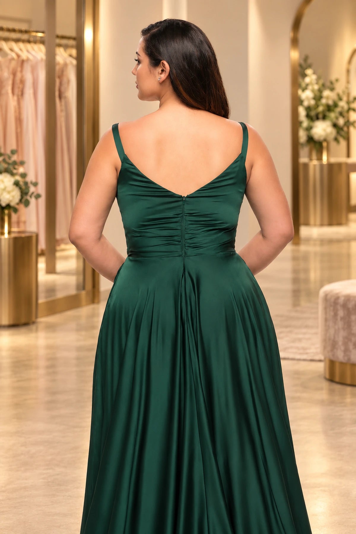 Plus Size Romantic Satin A-Line V-Neck Sleeveless V-Back Floor-Length Prom Dress