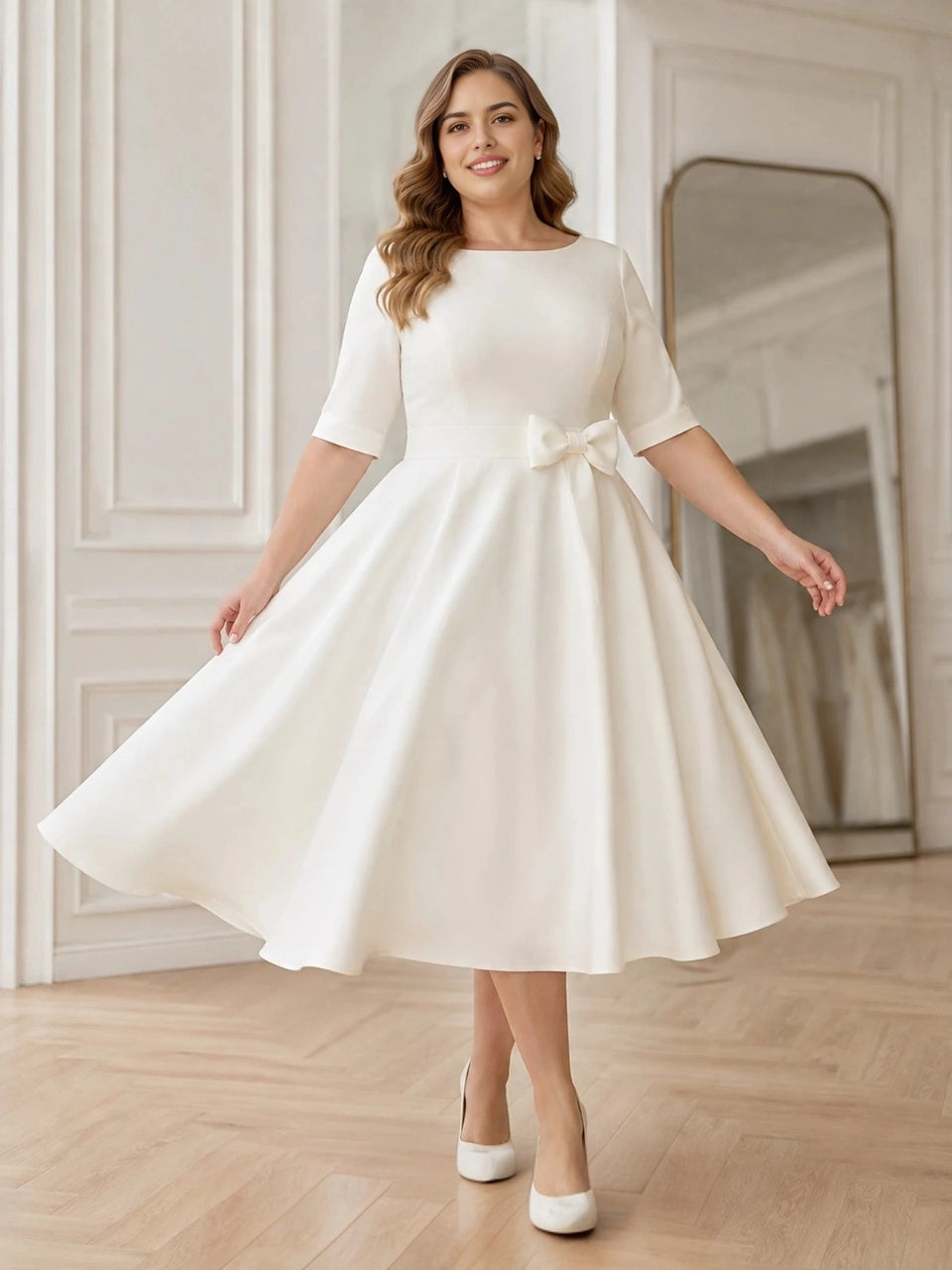 Ivory plus size A-line midi wedding dress with boat neckline, short sleeves and decorative bow waist.