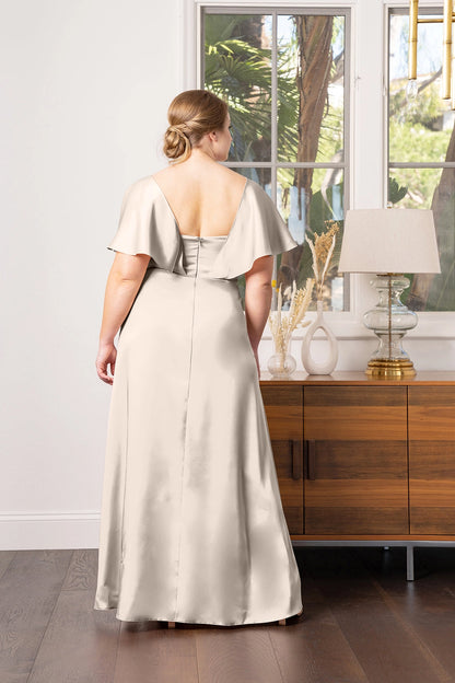 Elegant Plus Size A-Line V-Neck Flutter Sleeve V-Back Floor Length Bridesmaid Dress