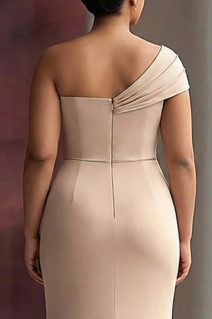 Plus size champagne evening dress with asymmetric off-the-shoulder neckline and center back zipper
