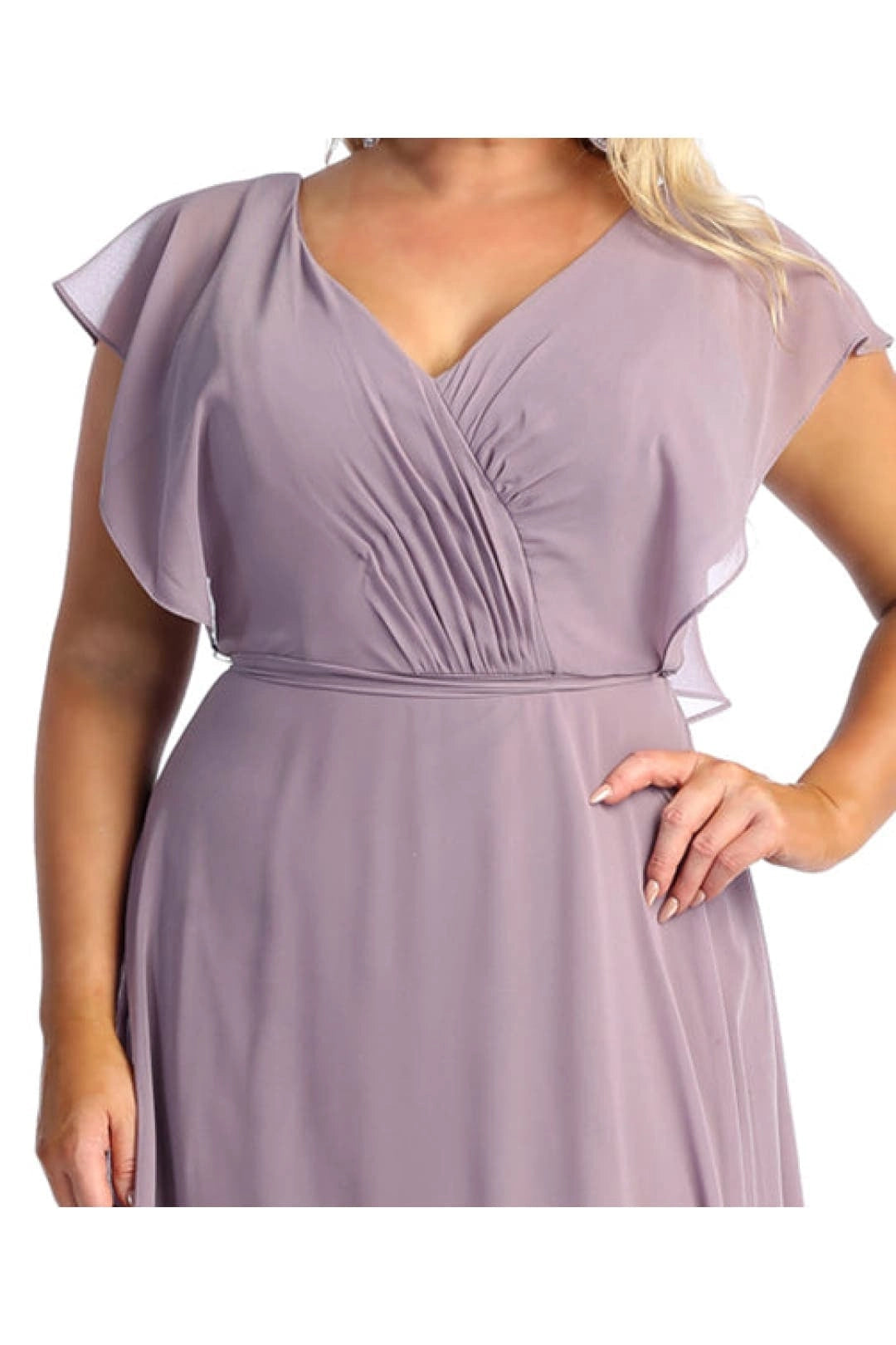 Elegant Plus Size A-Line V-Neck Flutter-Sleeve Open-Back Maxi Mother of Bride Dress
