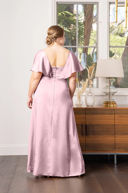 Elegant Plus Size A-Line V-Neck Flutter Sleeve V-Back Floor Length Bridesmaid Dress