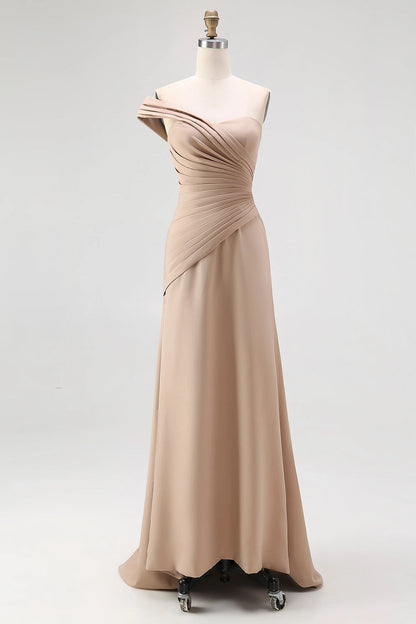 Elegant Plus Size Sheath Off-the-Shoulder Zip Back Long Champagne Evening Dress
