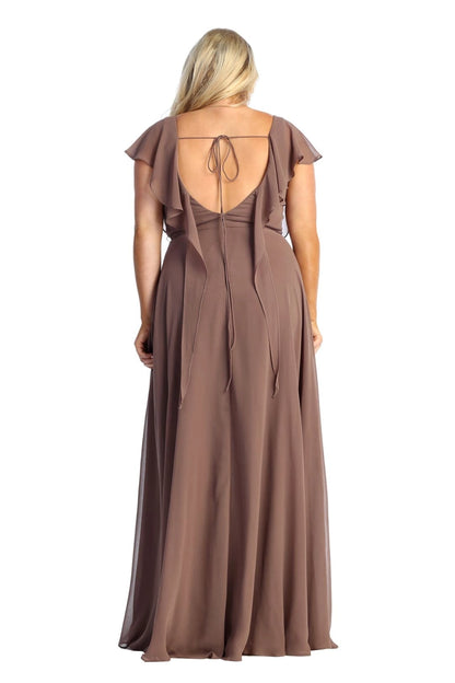 Elegant Plus Size A-Line V-Neck Flutter-Sleeve Open-Back Maxi Mother of Bride Dress
