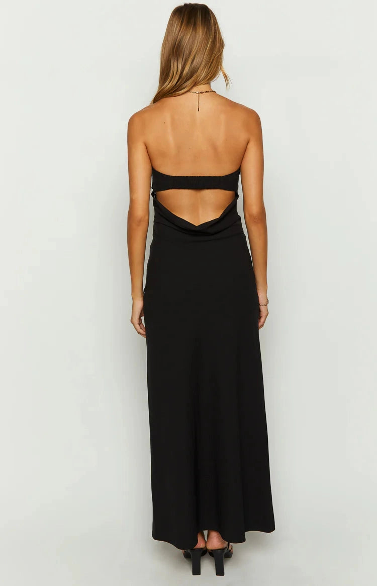 RoselleDress cowl open back black strapless knit maxi gown smocked top back view