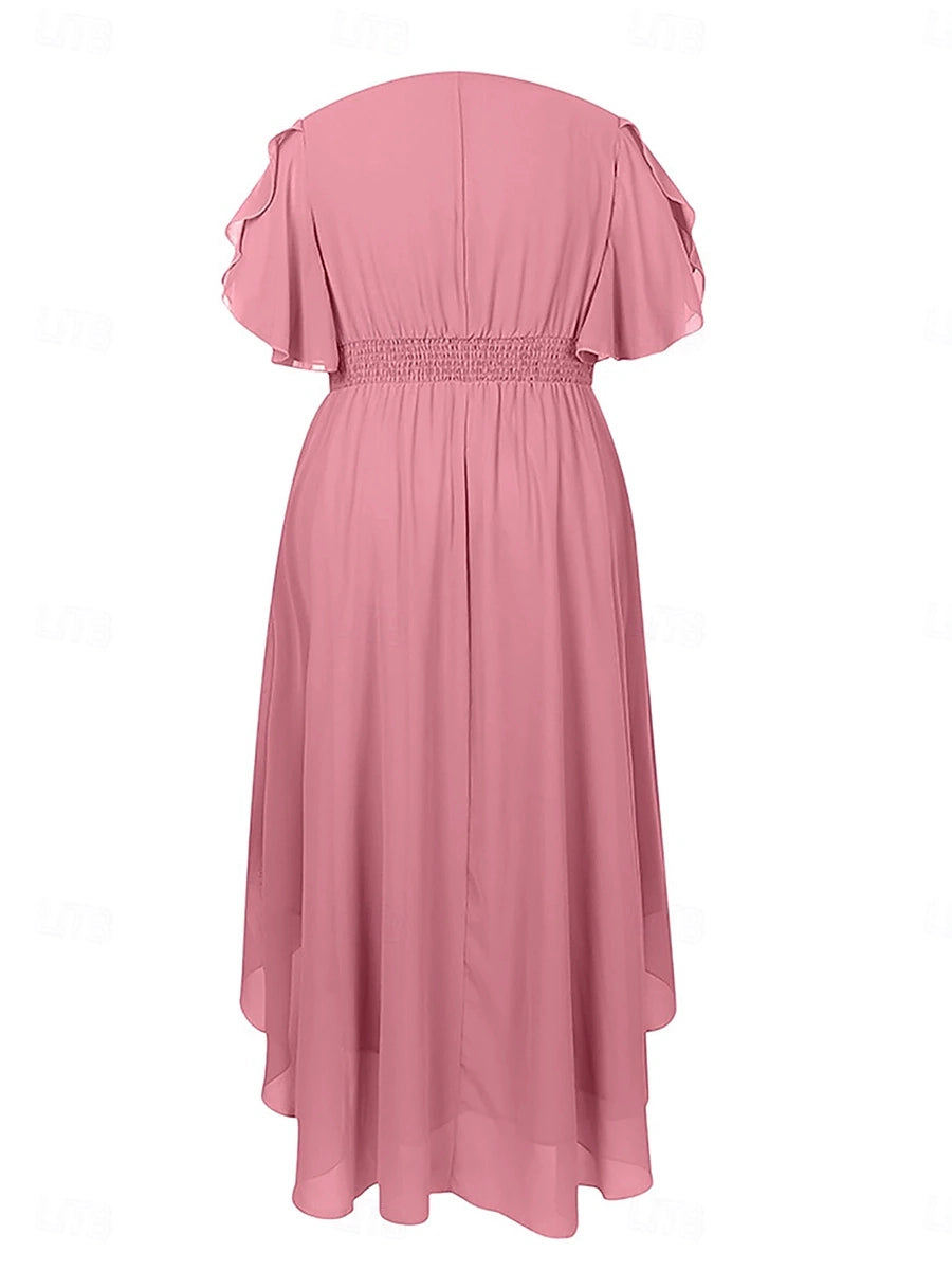 Graceful Plus Size A‑Line Cowl‑Neck Flutter‑Sleeve Smocked‑Back Hi‑Lo Mother Of Bride Dress