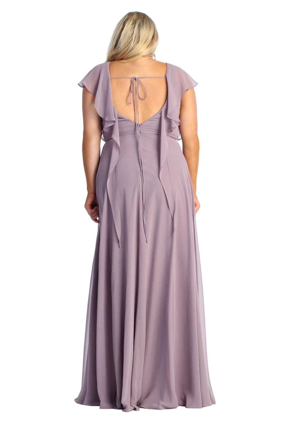 Lavender mother of the bride dress with open back tie detail and maxi skirt